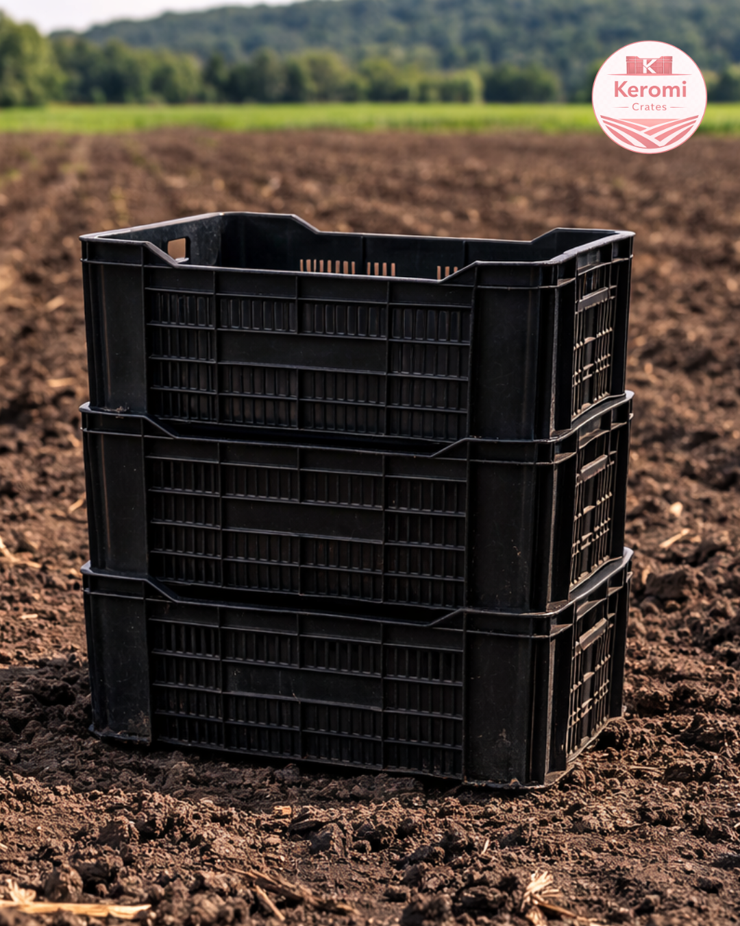 Keromi Crates stacked in a field